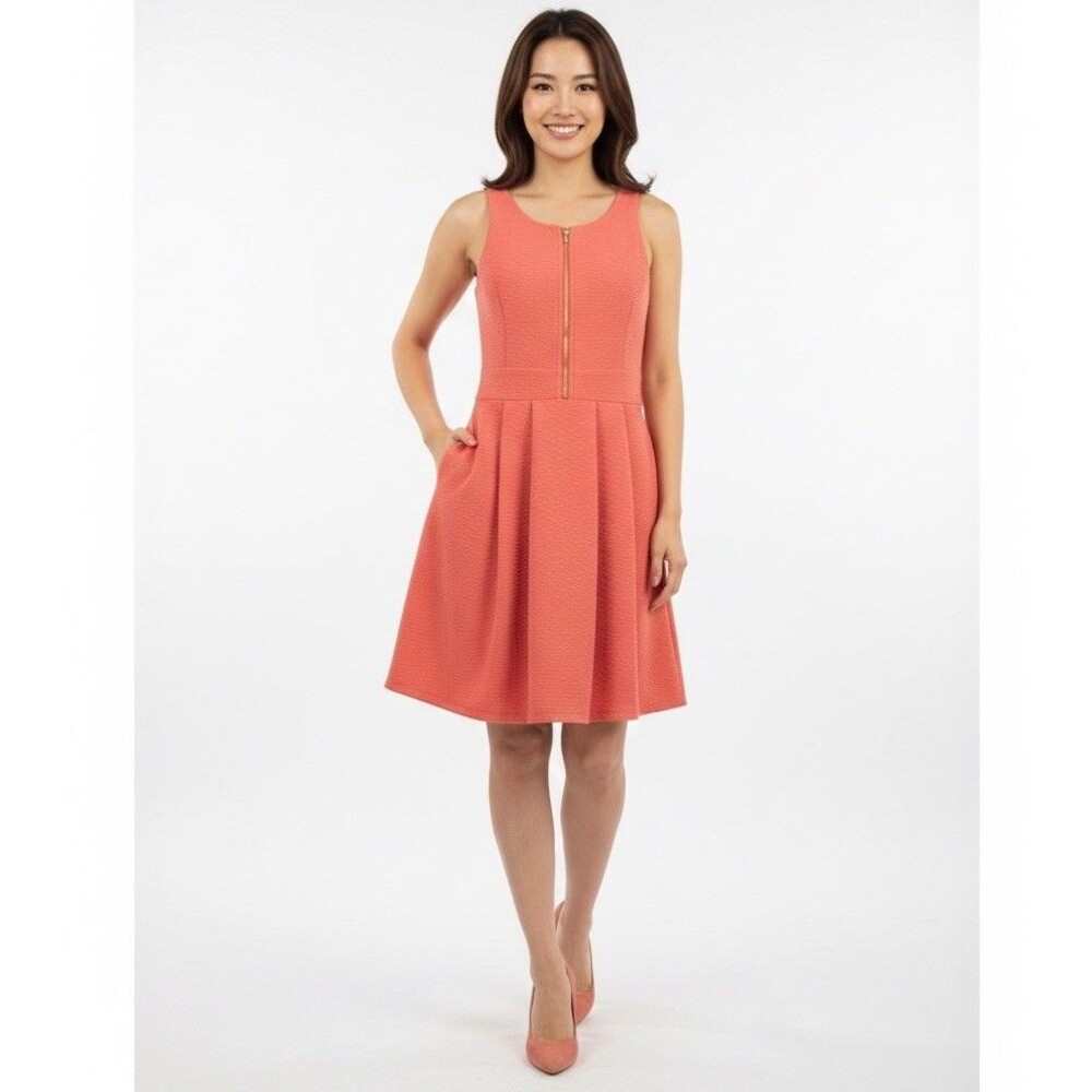 New Jessica Simpson Women Dress 10 Orange Textured Cut Out Back Pleated Pocket - Picture 2 of 16